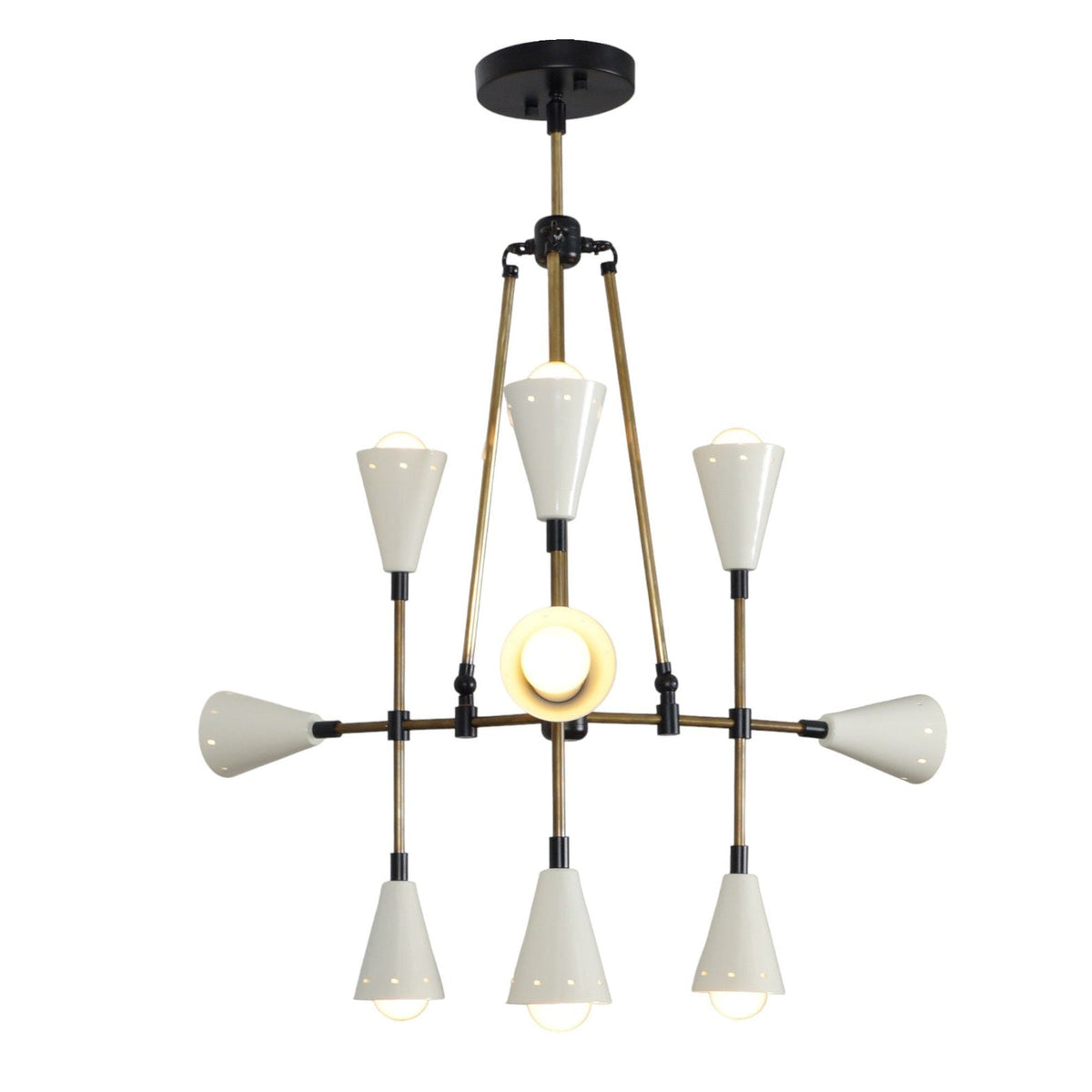 Custom 9-Light Brass Chandelier with Dual Cone Shades | Modern Handmade Industrial Ceiling Light Fixture