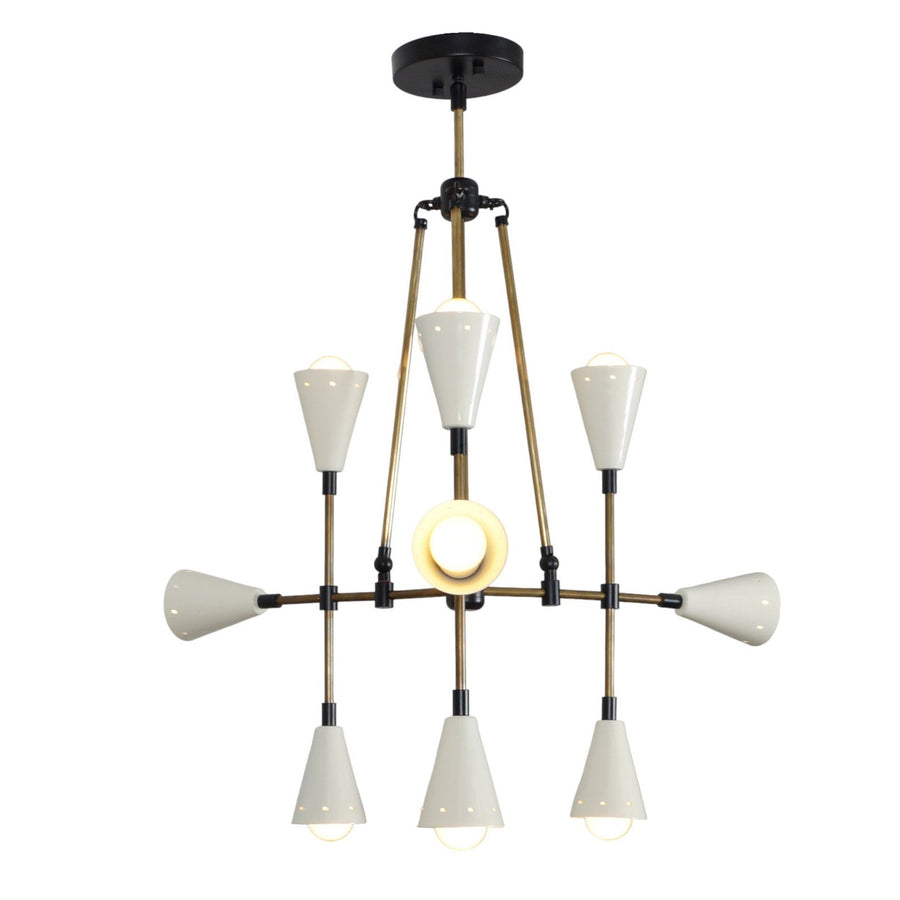 9-Light Mid-Century Brass Chandelier with Dual Cone Shades | Handmade Industrial Ceiling Light by Brass Leaf Studio