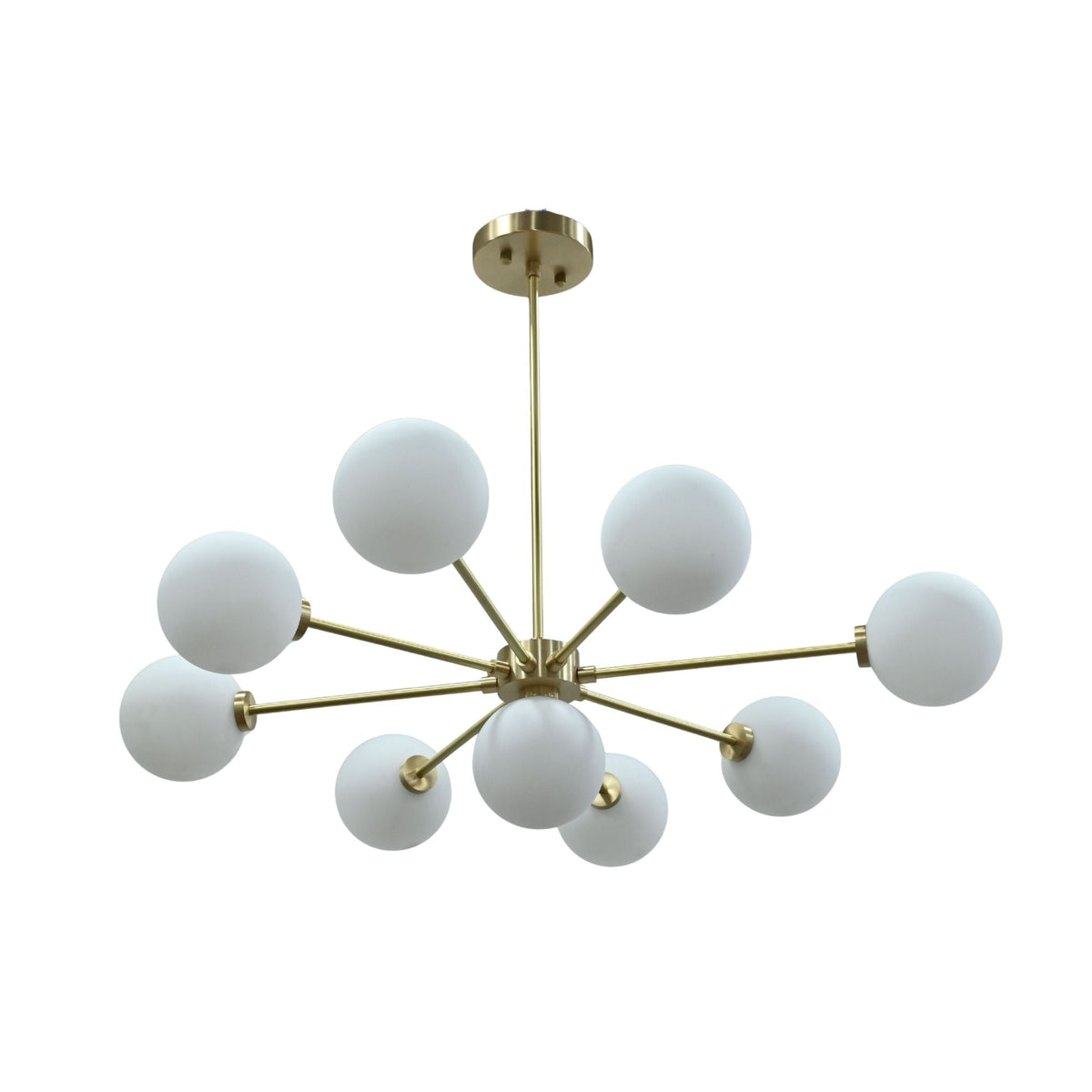 Solid brass Sputnik chandelier with nine frosted glass globes arranged in a radial multi-arm ceiling light design
