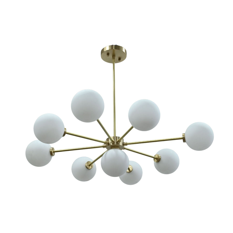 Mykonos 9-light glass globe Sputnik chandelier with solid brass arms and warm glowing globe shades for dining room lighting