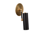 Side profile of solid brass wall mounted spotlight with black metal tube shade and pivot arm