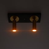 Front view of Alden double adjustable ceiling spotlight with illuminated brass cylindrical spotlights on a black surface-mounted ceiling plate.