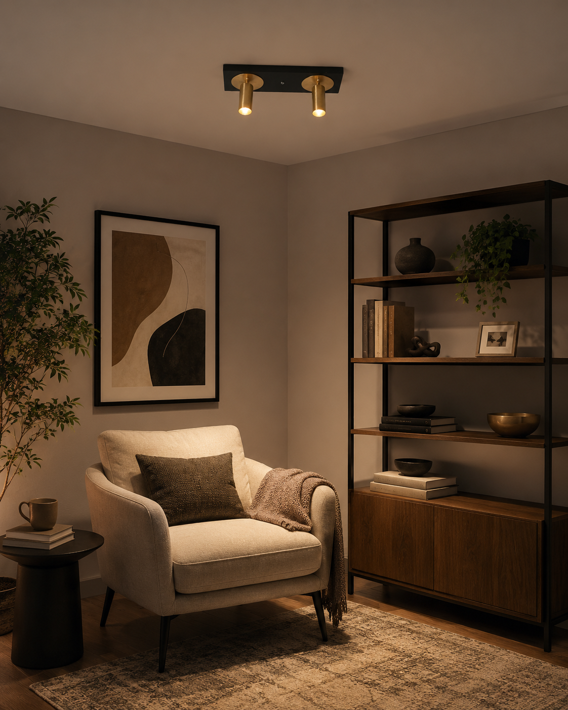 Alden double adjustable ceiling spotlight installed in a modern living room, providing warm directional lighting above a contemporary seating area.