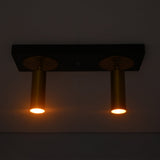 Alden double adjustable ceiling spotlight illuminated with warm focused lighting from dual solid brass cylindrical spotlight heads.