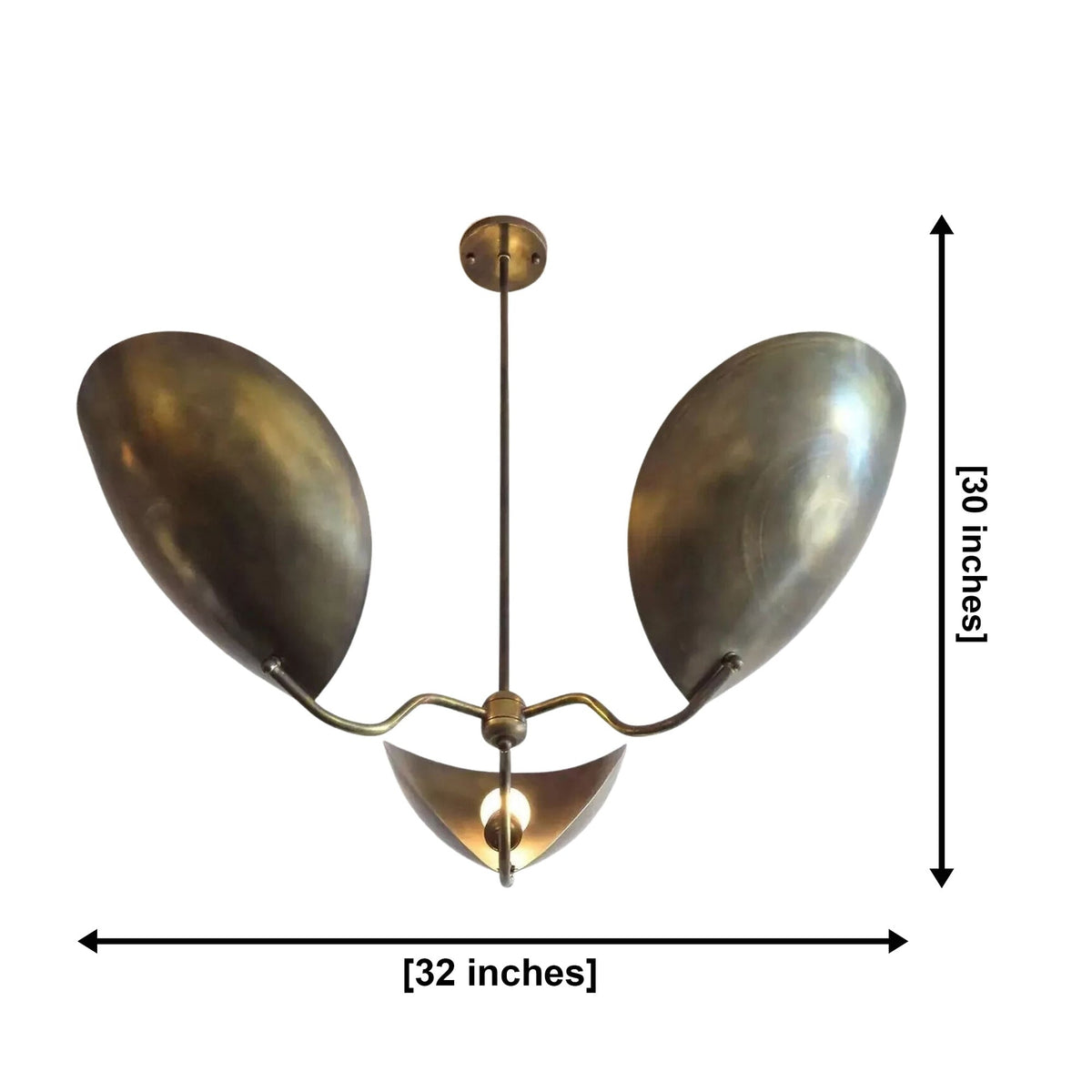 Amalfi 3 light aged brass sculptural chandelier dimension view showing 32 inch width and 30 inch height.