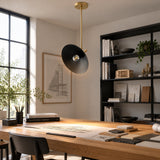 Antwerp 1 light black cone pendant shown from an angled lower view with brass-tone hardware and exposed globe bulb.