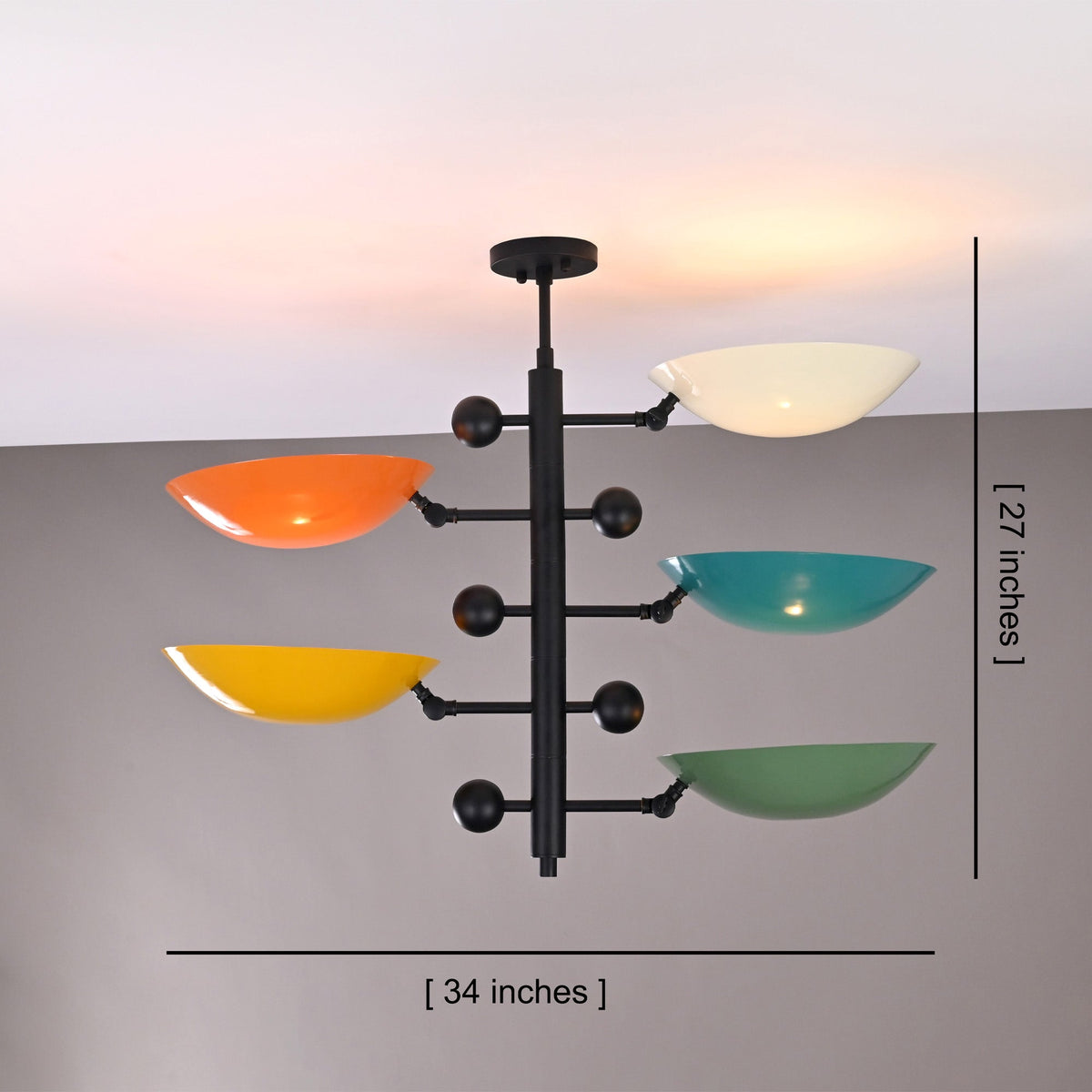 Arcadia Multi Bowl Chandelier shown with 34 inch width and 27 inch overall height dimensions.