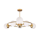 Aria Orbit Globe Chandelier with six glowing globe shades and circular mid century modern ceiling design.
