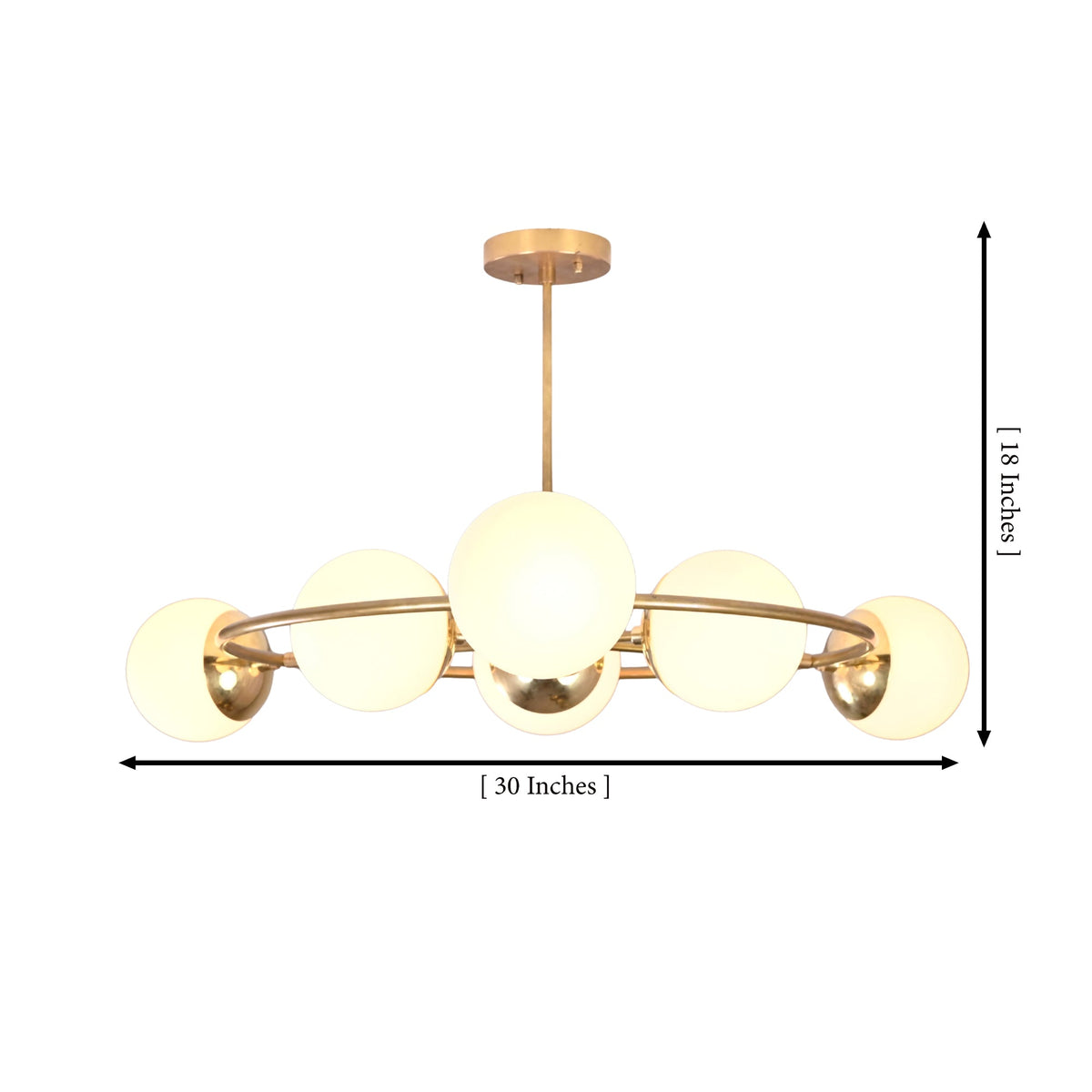 Dimension image of Aria Orbit Globe Chandelier showing 30 inch width and 18 inch overall height.