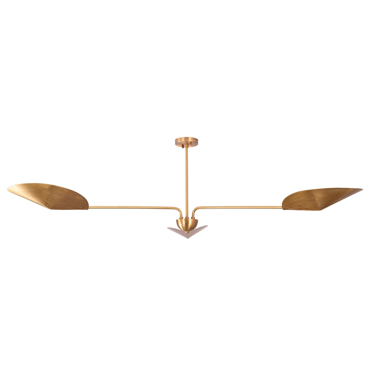Angled front view of the Aspen sculptural wing chandelier highlighting its symmetrical curved brass wing shades and artistic modern design.