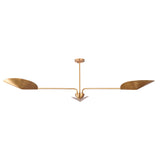Angled front view of the Aspen sculptural wing chandelier highlighting its symmetrical curved brass wing shades and artistic modern design.
