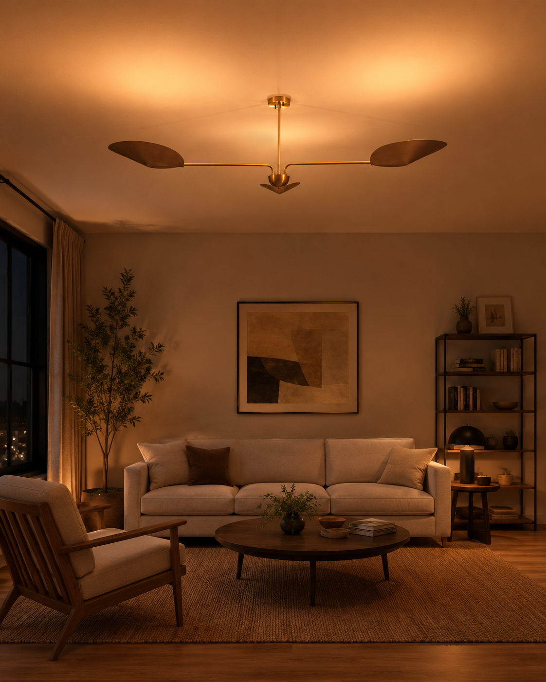 Aspen sculptural wing chandelier installed in a contemporary living room, providing warm ambient illumination with a striking modern architectural presence.