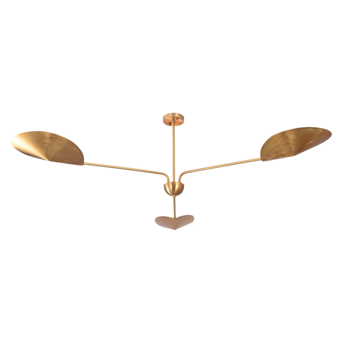 Perspective view of the Aspen sculptural wing chandelier showcasing handcrafted curved metal wings and a refined contemporary brass finish.