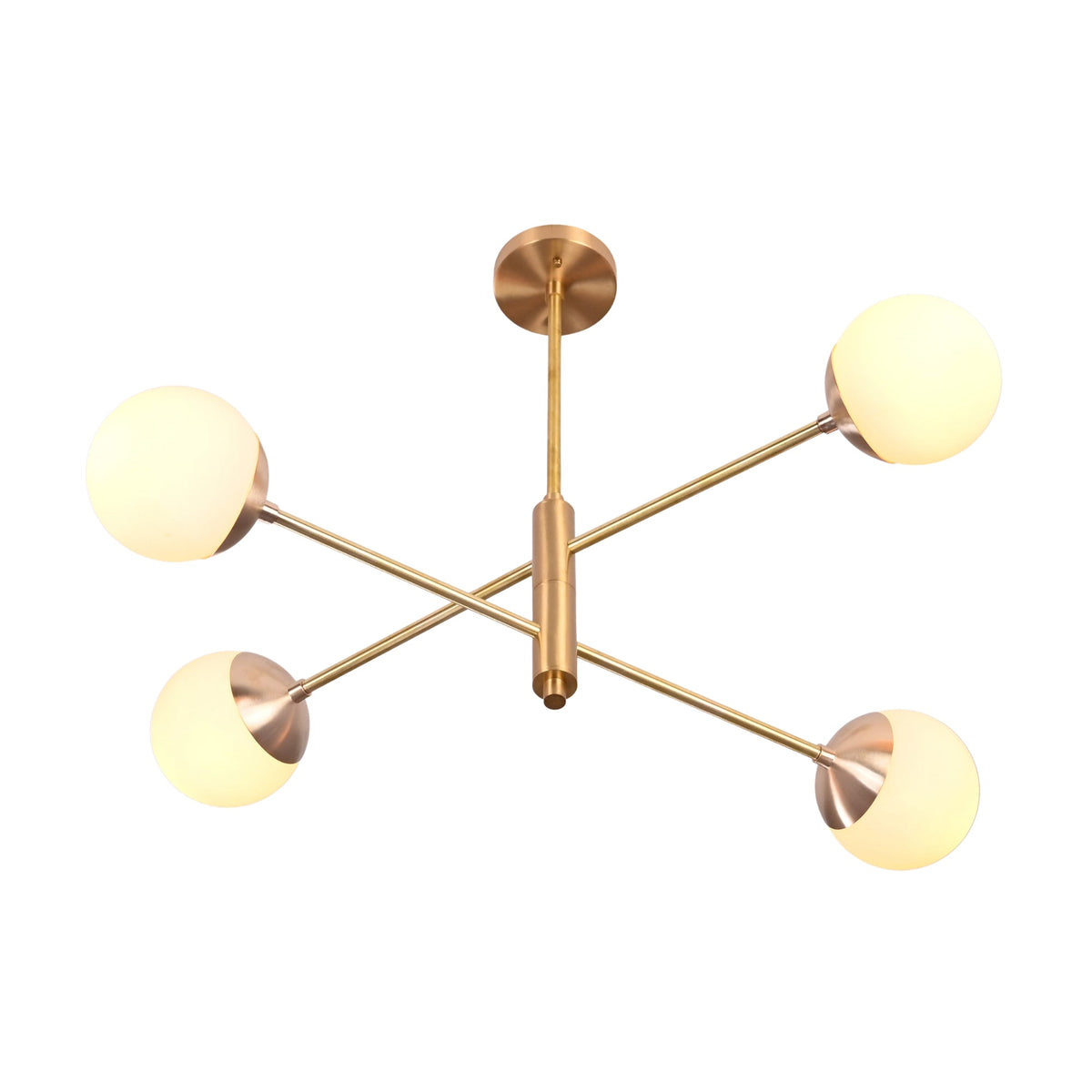 Astra 4 Globe Sputnik Chandelier with glowing round shades and slim crossed arms on white background