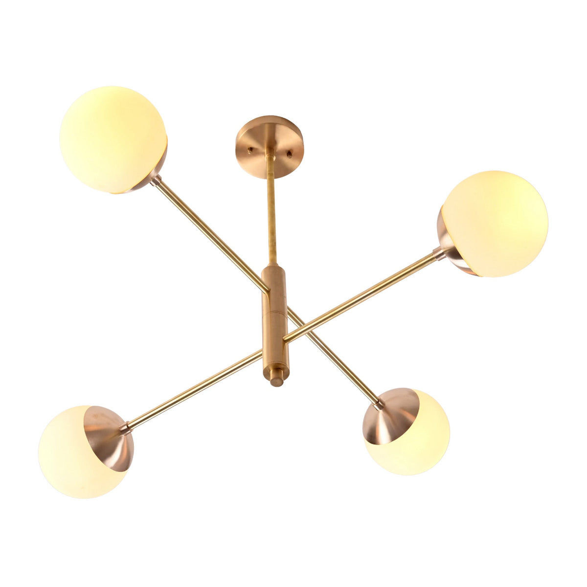 Astra 4 Globe Sputnik Chandelier angled view with sculptural crossed arms and softly glowing round shades