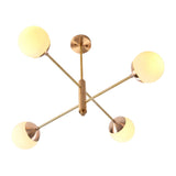 Astra 4 Globe Sputnik Chandelier angled view with sculptural crossed arms and softly glowing round shades