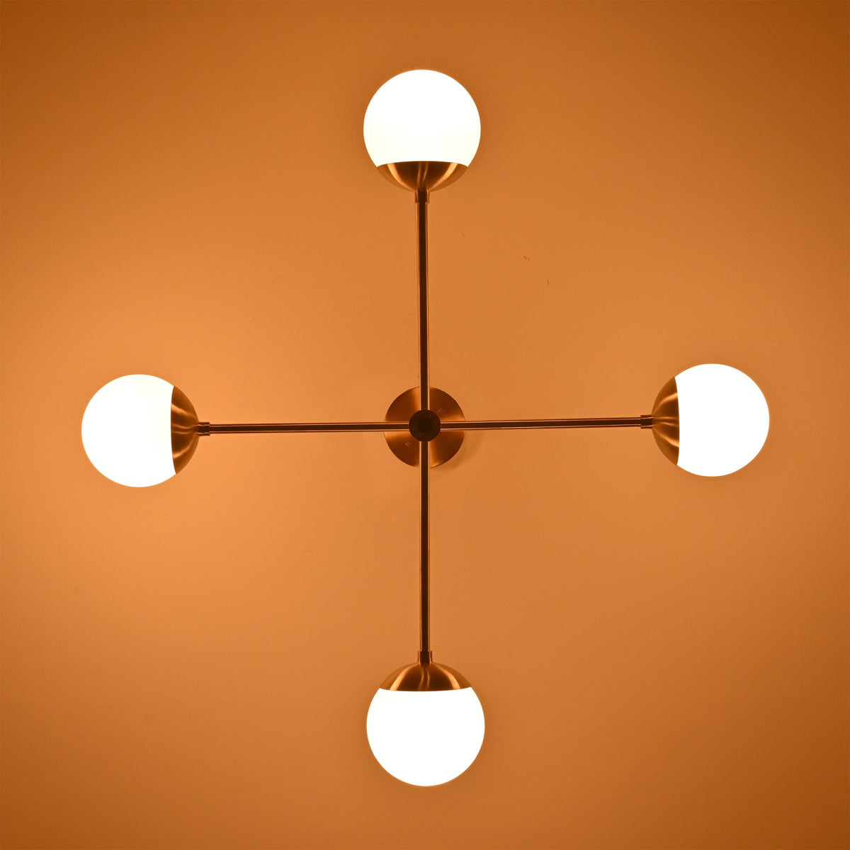 Astra 4 Globe Sputnik Chandelier ceiling view showing four evenly spaced globe lights in symmetrical layout