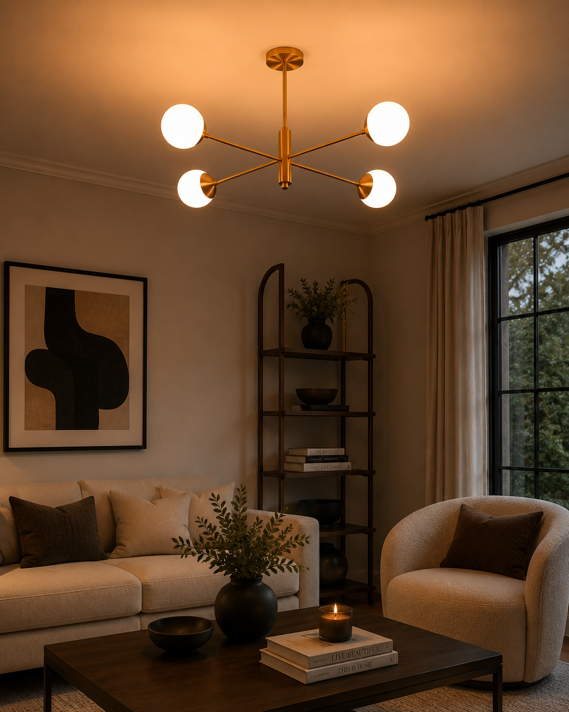 Astra 4 Globe Sputnik Chandelier styled in living room with sofa, chair, coffee table, and warm lighting