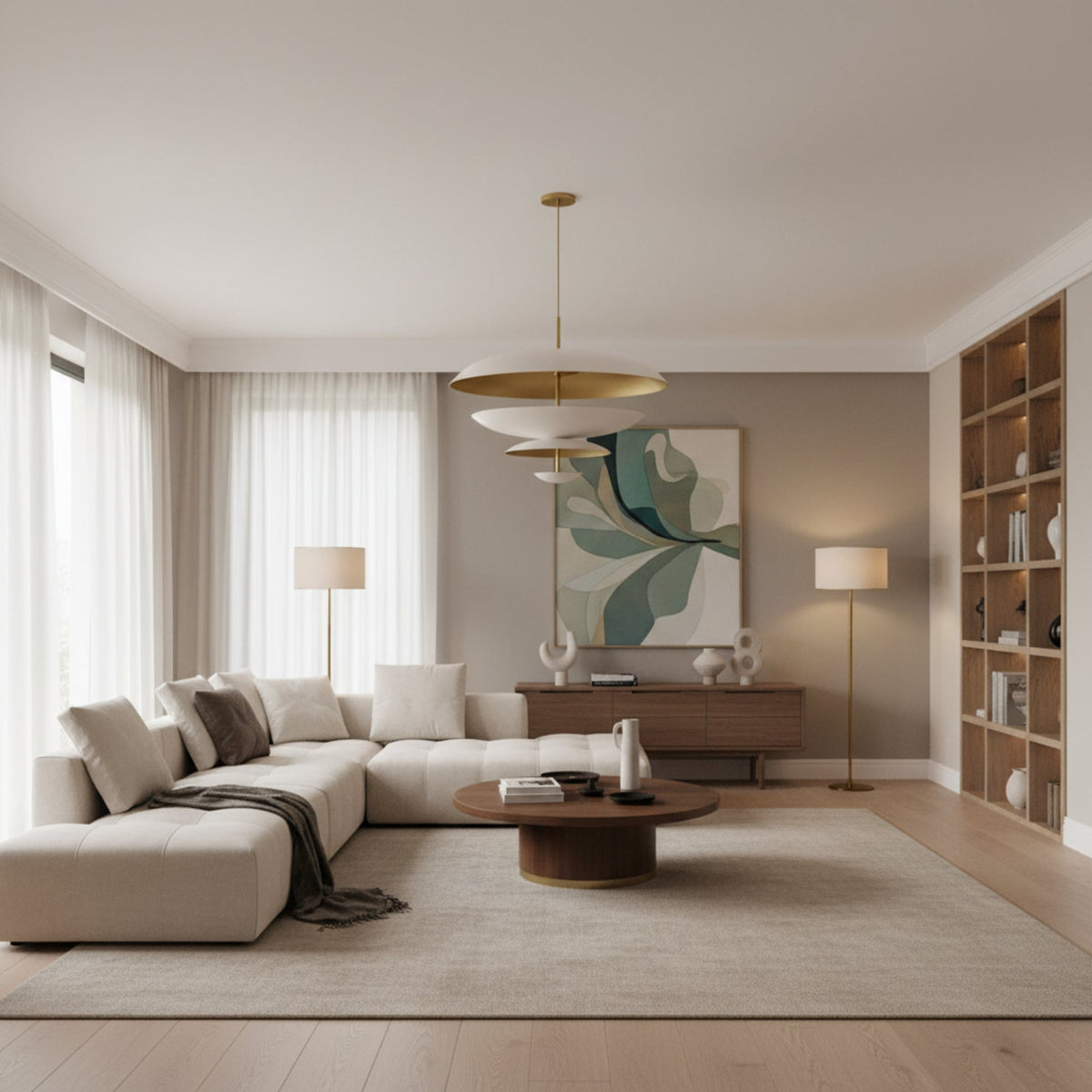 Athens 8 light layered disc chandelier shown from the front with sculptural ivory shades and elegant brass accents.