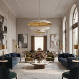 Athens 8 light sculptural layered disc chandelier shown in a full product view with ivory shades and brass suspension stem.
