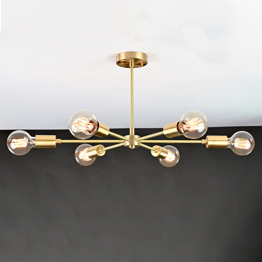 Athens Sputnik semi-flush chandelier installed in a warm living room, creating ambient Mid-Century Modern lighting.