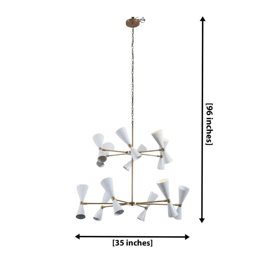 Auckland 24 light chandelier shown illuminated with white double-cone shades and a sculptural two-tier brass-tone frame.