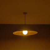 Wide evening view of Aurelia Globe Saucer Pendant Light highlighting the warm globe bulb and dome profile.