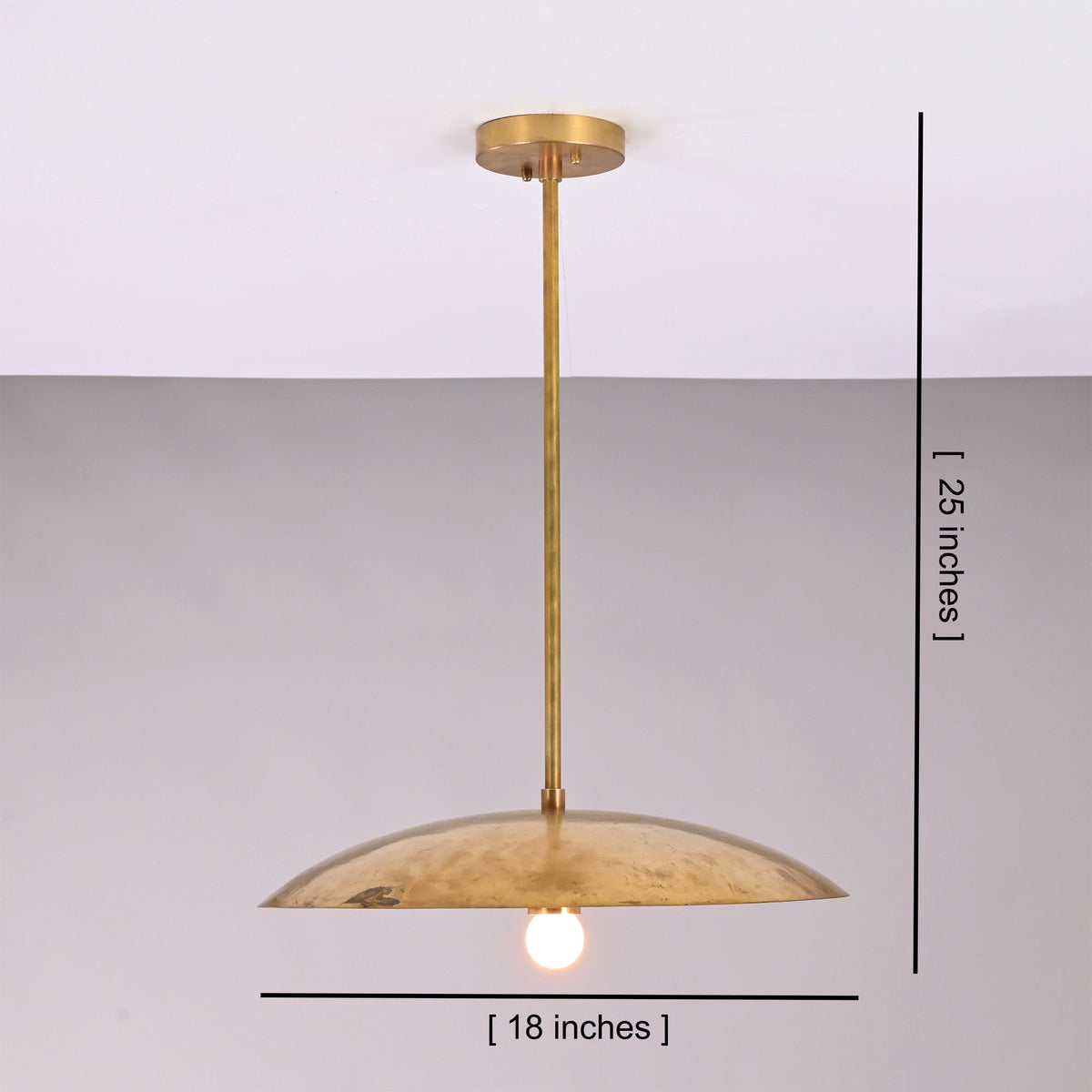 Aurelia Petite Saucer Pendant Light shown with 18 inch width and 25 inch overall height dimensions.