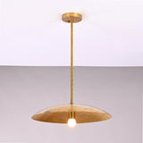 Front view of Aurelia Petite Saucer Pendant Light with slim downrod and softly glowing single bulb.
