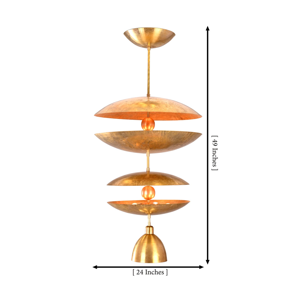 Dimension image of Aurelia Tiered Disc Chandelier showing 24 inch width and 49 inch overall height.