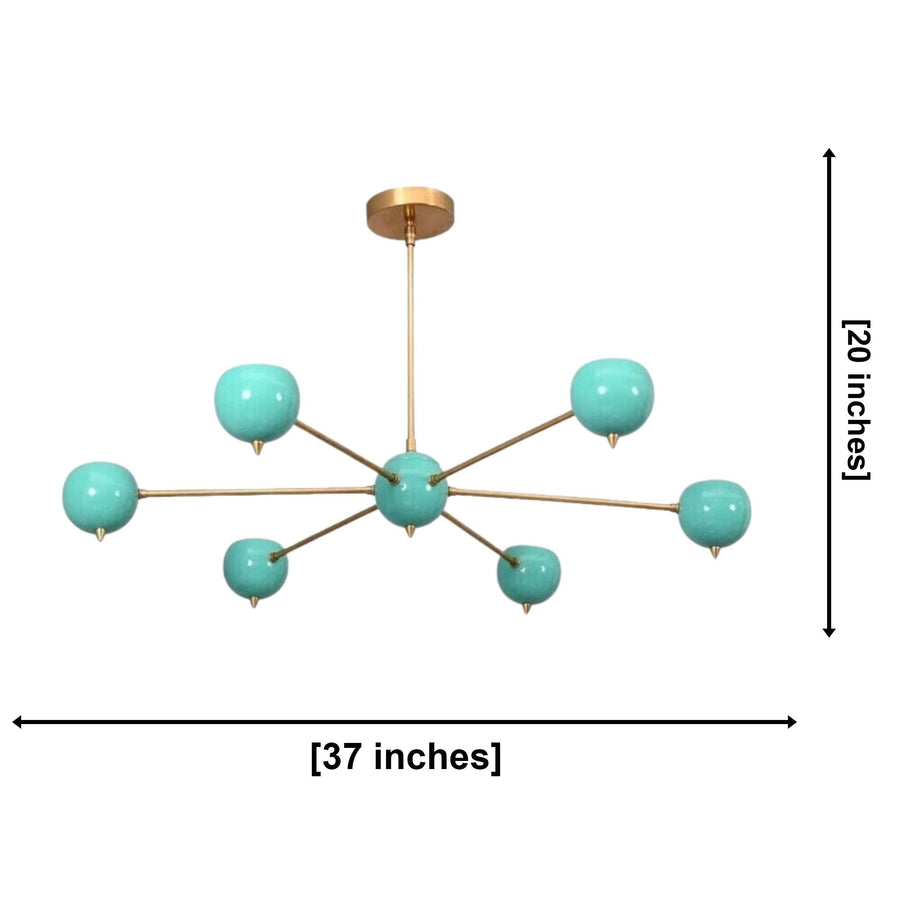 Perspective view of Aurora 6 light Sputnik chandelier featuring sculptural turquoise globe shades and brass details