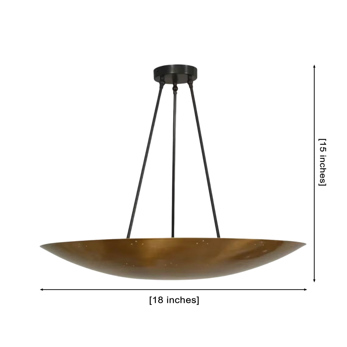 Front dimension view of the Aurora Modern Bowl Pendant Light showing the 18-inch diameter, 15-inch overall height, wide bowl-shaped metal shade, and three-rod suspension.
