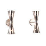 Front view of two Aurora perforated double cone wall sconces featuring sculptural metal shades and round wall backplates.