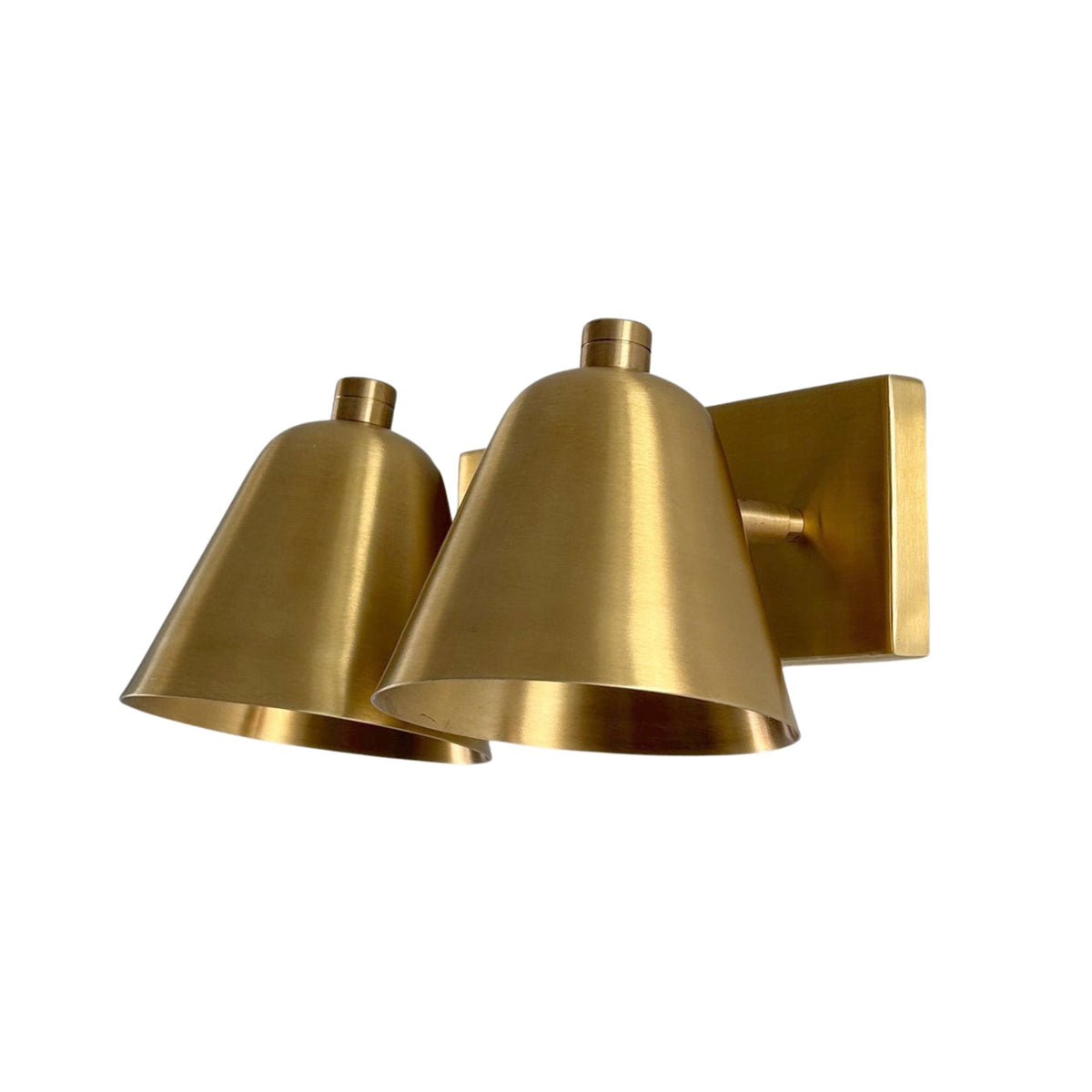 Right perspective view of the Aurora modern satin brass double wall sconce with dual cone-shaped shades and clean contemporary styling.