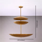 Aurora Triple Saucer Chandelier shown with 30 inch width and 38 inch overall height dimensions.