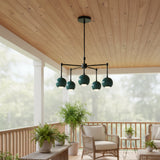 Bath 5 light chandelier featuring glossy teal dome shades suspended from a sculptural black multi-arm frame.