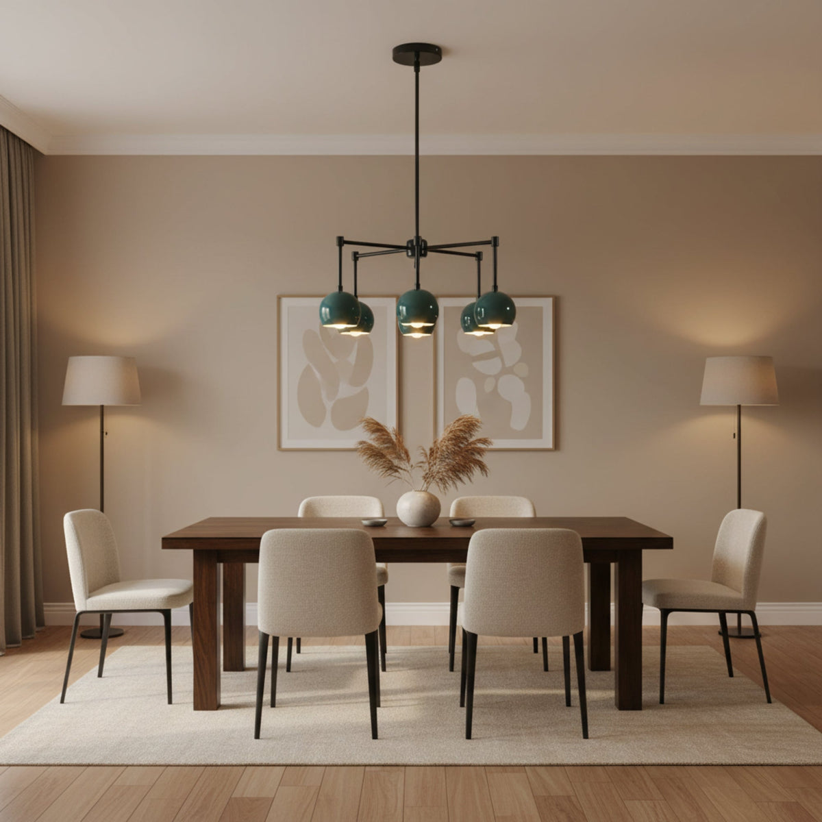 Bath 5 light teal dome chandelier shown from the front with glossy rounded metal shades, black frame, and long downrod suspension.