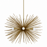 Belgravia 6 light antique brass tone sunburst Sputnik chandelier shown on a white background with sculptural radiating metal rods.