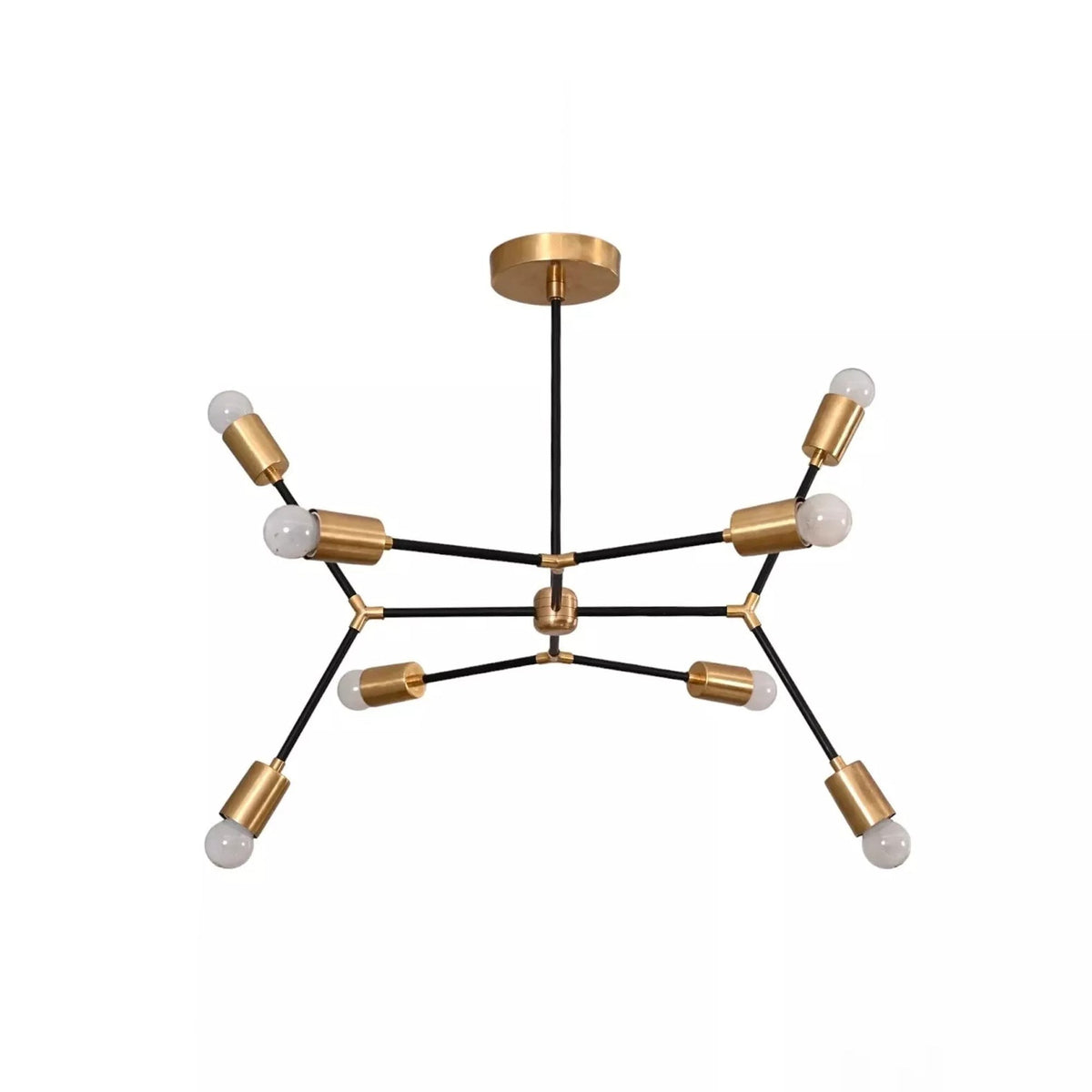 Berlin 8 light black and brass linear arm chandelier shown from the front with exposed globe bulbs and geometric arms.