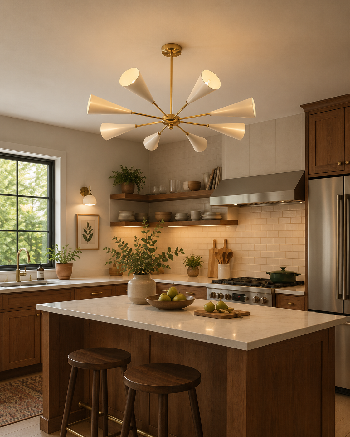 Bern 8 light ivory cone chandelier illuminating a warm contemporary kitchen with a large central island.
