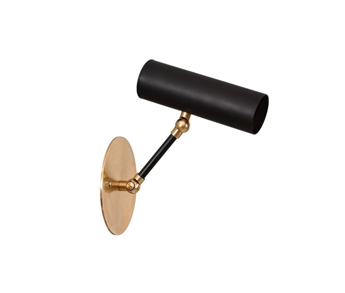 Modern brass wall sconce with black cylinder shade positioned horizontally on adjustable arm