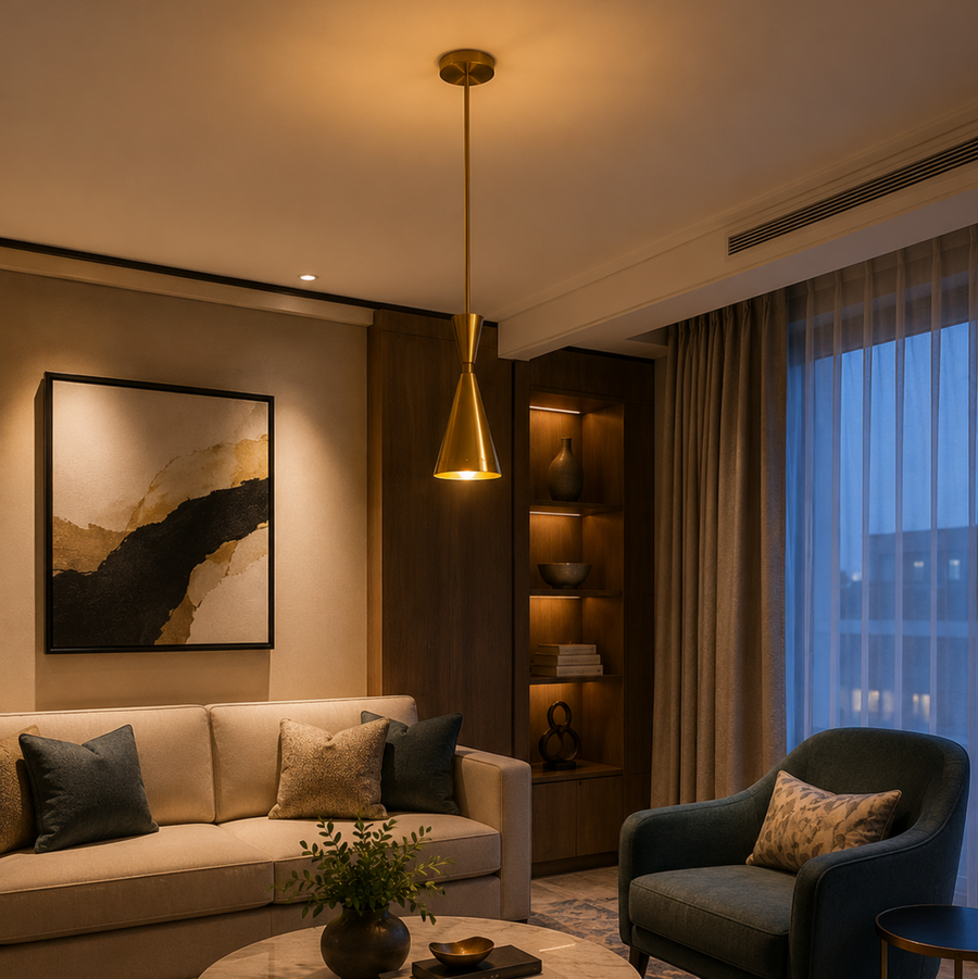 Bologna 1 light brass double cone pendant chandelier illuminated in an elegant contemporary living room interior.