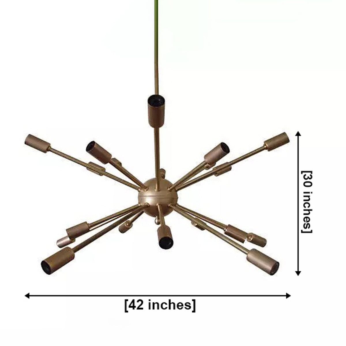 Bordeaux 20 light brass tone Sputnik chandelier dimension view showing 42 inch width and 30 inch height.