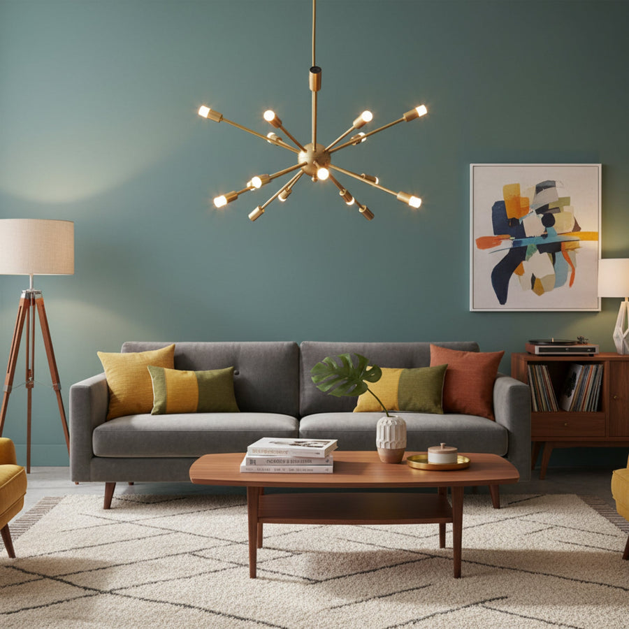 Bordeaux 20 light brass tone radial Sputnik chandelier shown unlit from the front with cylindrical bulb holders and sculptural branching arms.