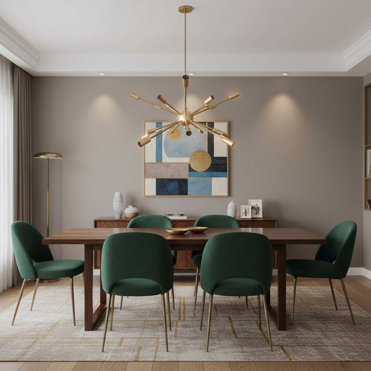 Bordeaux 20 light Mid-Century Modern Sputnik chandelier shown unlit on a white background with brass tone multi-directional arms.