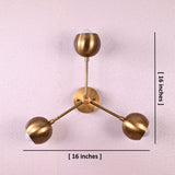 Brass 3-light ceiling lamp with spherical shades showing measurements of 16 inches width and 16 inches height