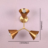 Brass 3-light wall sconce with conical shades, showing labeled measurements of 13 inches width and 15 inches height.