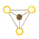 Top view of geometric 3-light brass dome chandelier forming a triangular pattern with softly glowing shades for balanced, ambient lighting.