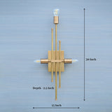 Brass wall sconce with vertical rods and triple bulb holders, dimensions 15 inches wide and 30 inches tall displayed on image.