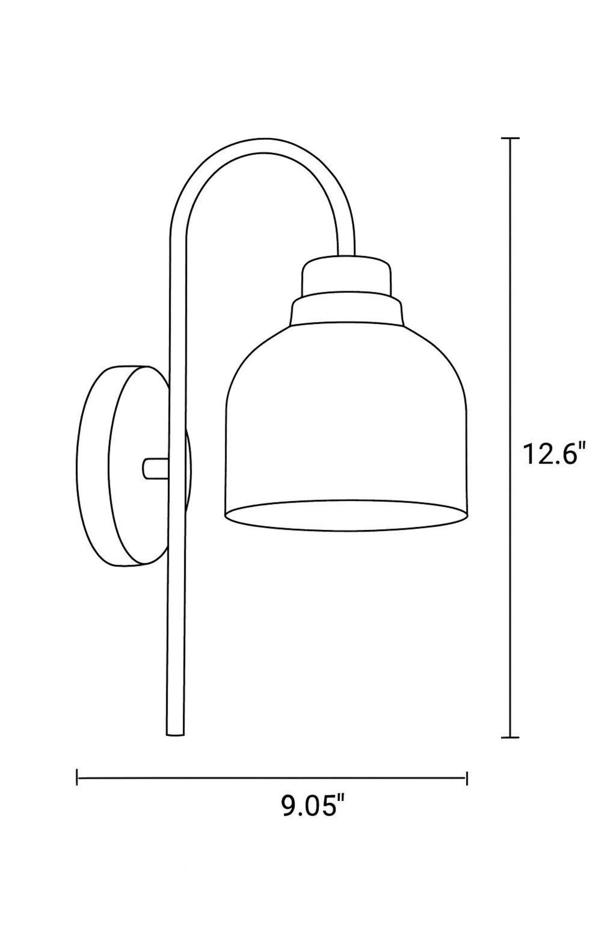 Line drawing dimension diagram of brass wall sconce showing 9.05 inch width and 12.6 inch height.